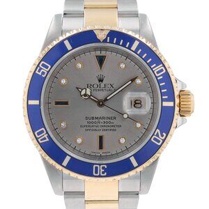 B&P Rolex Submariner 16613 40mm Grey Diamond + 2 baguette Dial Rotatable Bezel